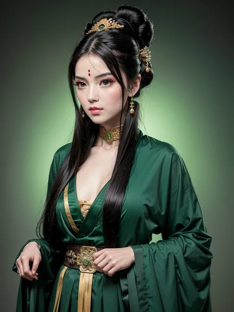 Adult female, strong, green eyes, long black hair, ancient  mix morden hair, resolute eyes, complex green Taoist Taoist uniform, outfit ancient mix morden, gorgeous accessories, masterpiece, ancient Chinese, front portrait, full body, blank background