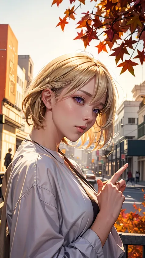 
masterpiece,best quality,1girl,face,short hair,wind,looking at viewer,citybeautiful girl wearin in oversized clothes points her finger at the viewer, long blonde hair, (upper body:1.2), autumn leaves, outdoors, volumetric light, cinematic, golden hour, na...