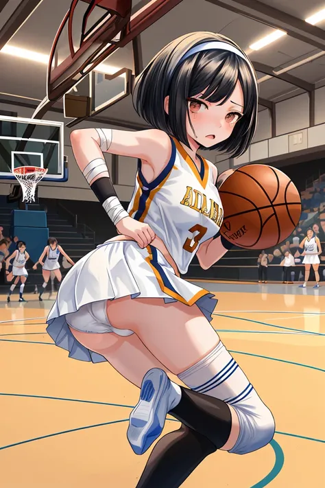 beautiful girl　basketball club　Beautiful breasts　Black Hair　Short Bob　hair band　Basketball court　mini skirt　White panties　Knee-high socks　bandage　Painful expression