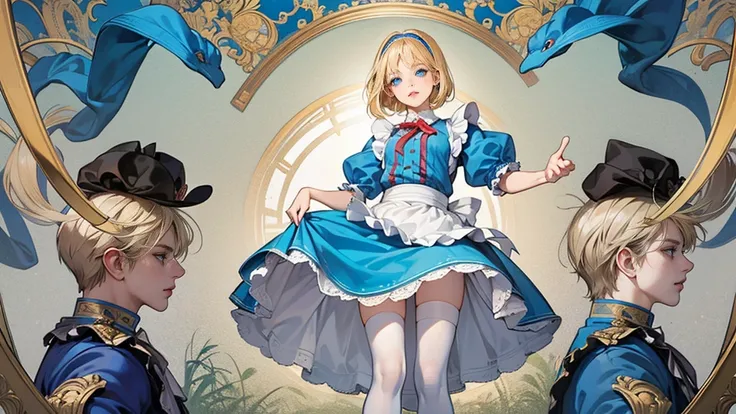 masterpiece, Highest quality, Portraiture, 1 Girl, (Alice in Wonderland:1.2), Blue clothes, White apron, Blonde, blue eyes, Usagi, Trump, Tea cup, White lace thigh high socks, Miniskirt lift, Half Body, Dynamic pose