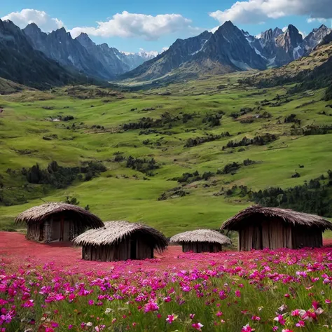 nature, open field, alta fantasia, dark fantasy, some primitive tribal dwellings