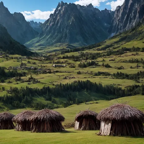 nature, open field, alta fantasia, dark fantasy, some primitive tribal dwellings