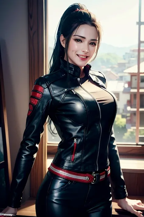 a gorgeous middle-aged busty woman, ponytail, leather jacket, lady bikers, motosport, beautiful smile showing teeth, pov, lover, cinematic lighting, (best quality,4k,8k,highres,masterpiece:1.2),ultra-detailed,(realistic,photorealistic,photo-realistic:1.37)...