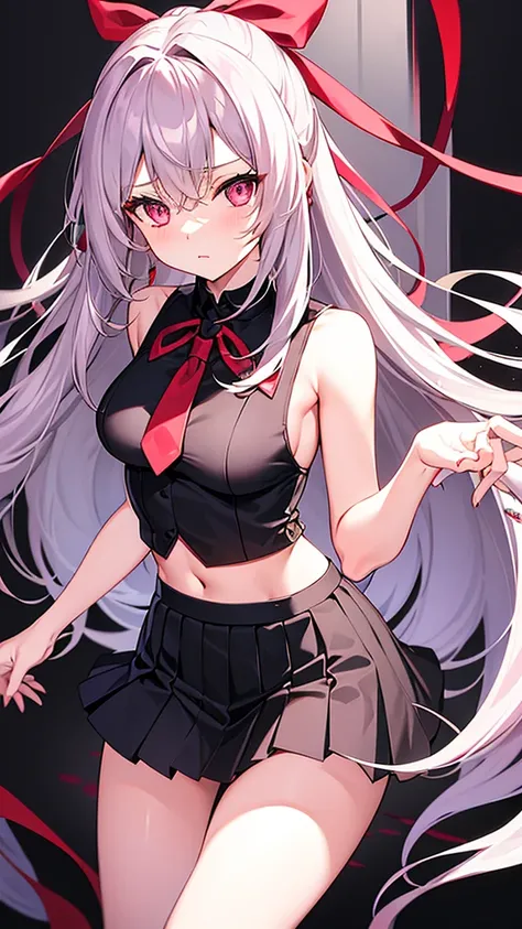 Long silver hair, reddish pink eyes, medium breasts, slim body, cute, black mini pleated skirt, ribbon tie