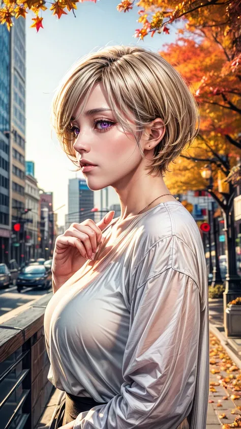 
masterpiece,best quality,1girl,face,short hair,wind,looking at viewer,citybeautiful girl wearin in oversized clothes points her finger at the viewer, long blonde hair, (upper body:1.2), autumn leaves, outdoors, volumetric light, cinematic, golden hour, na...