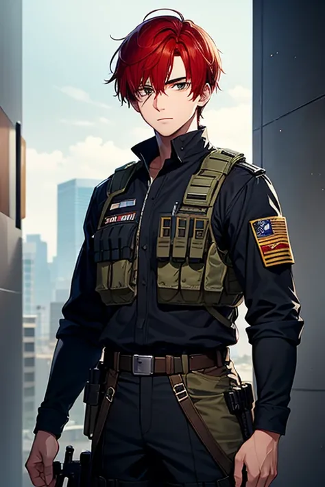 A 23-year-old man with a several scar, red hair, and a uniform of special forces without a helmet