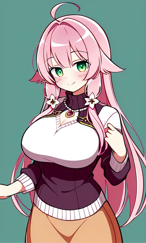 private teacher、Big Breasts、Pink Hair、Long Hair、Straight Hair、Ahoge、Kind older sister、Green Eyes、Droopy eyes、smile、sweater