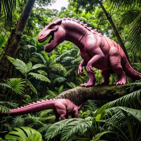 In the heart of a lush, verdant jungle, a majestic pink dinosaur stands as the guardian of its domain. With its vibrant scales glistening in the sunlight filtering through the dense canopy, it gazes out with a fierce yet curious expression, its sharp teeth...