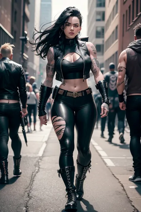 25-year-old woman in the style of DC Comics &quot;Wolf&quot; is an intergalactic anti-hero, known for his cruelty and sarcastic behavior.. He is depicted as an alien humanoid with pale white skin., long black hair, and a muscular physique in tight pants. H...