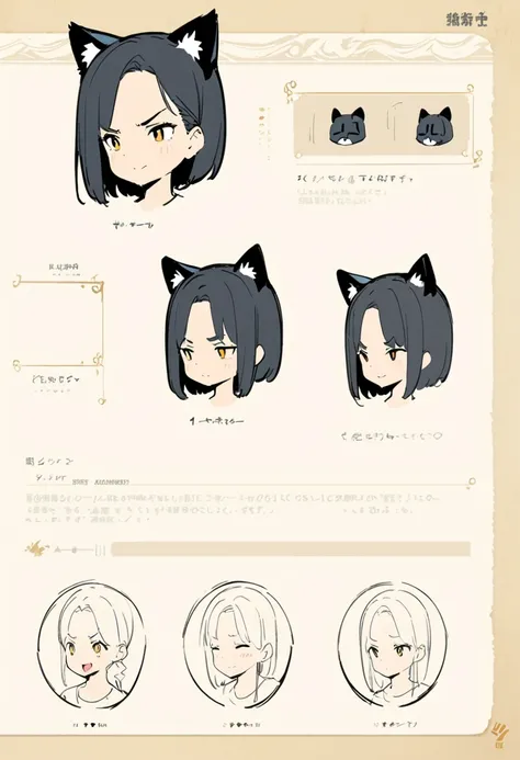 (Thick painting style),Thick line drawing, ((masterpiece,)),(((Highest quality))),(sketch),((Adult women in their 20s)),Short black hair,Black cat ears,T-Shirts,jeans,(((Character design sheet,Joy, anger, sorrow, and happiness,Character Portrait,Full Art))...