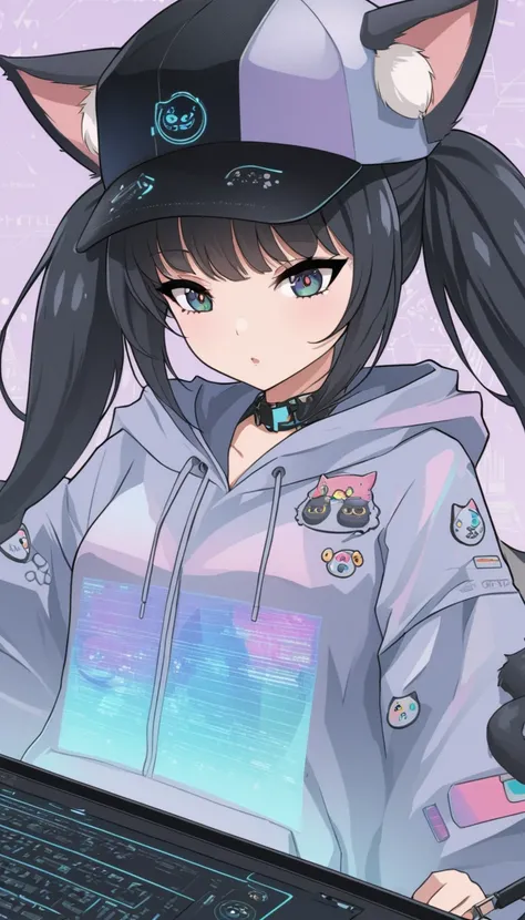 Anime girl with black hair and cat hat、Anime-style illustrations、Moe art style、Wallpaper 8 K、Digital Illustration、Beautiful Cat Girl、She wears a hoodie with animal ears and technowear technology、黒とHolographicカラーの未来的なファッション、Lots of details and buttons、Cable...