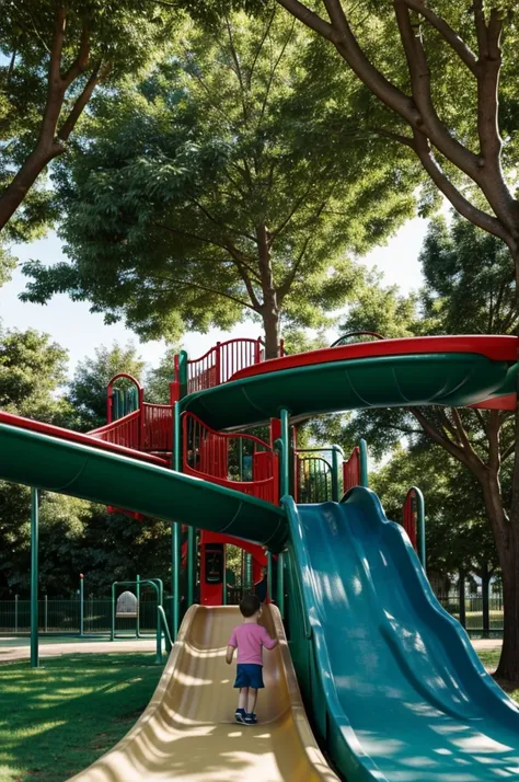 two children were seen playing on a slide in a playground very happily. There was also a large tree shading the park 