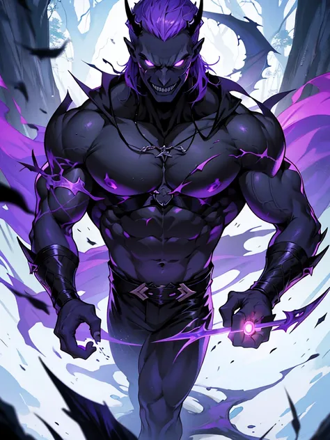 Evil Demon、Slender and muscular、Spirit Body、Very dark purple skin、Magic Sword、Horrible smile、wilderness