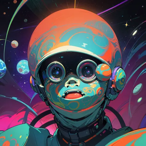 HD Details, close-up of a man in a spacesuit, planets on the background, psychedelic cosmic horror, psychedelic illustration, outer space, plant growth, psychotic universe, background space graphic art, cosmic illustration, outer space, LSD cosmic poster a...