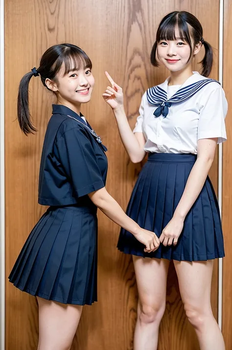 2 girls lifting up navy blue pleated skirt in wooden school classroom,white sailor shirt,white panties,18-year-old,bangs,a little smile,thighs,knees,short hair with low pigtails bunches,from beside,front light