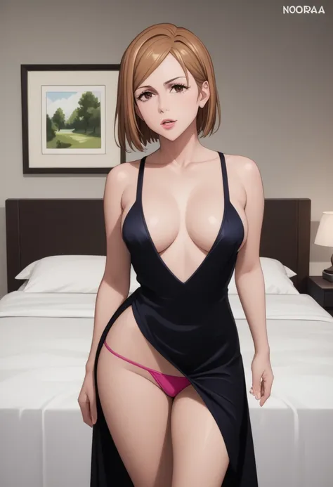 score_9_up, score_8_up, score_7_up, 1girl, solo, mature female, Nobara Kugisaki, brown bob hair, brown eyes, pink lips, parted lips, fit slim body, perfect medium erected breast, (((tight seductive black dress))),  bedroom, looking at the viewer, perfect m...