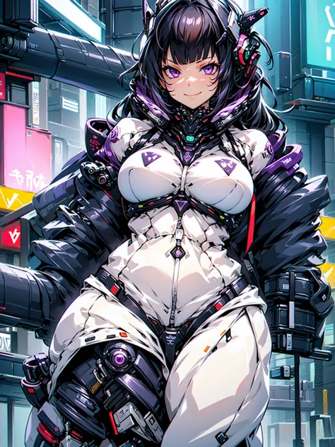 woman、Early 20s、cyber punk、Wicked Smile、Black Hair、Long Hair、Multicolored Hair、Purple Eyes、breast enhancement、sexy、Black combat suit