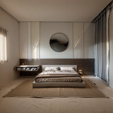 The bedroom has 1 modern bed, gray painted walls, 1 window curtain, circular bedside decorative painting, 1 brown carpet, 1 dressing table, luxurious colors