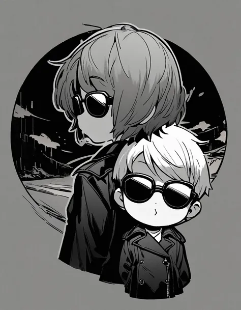 漫画城市猎人style，5-year-old baby boy，Black trench coat，sunglasses，Big back，Full body portrait，cool，Japanese manga artist Hojo Tsukasa&#39;style，OC Renderer，light，very good，Very detailed，CG art，