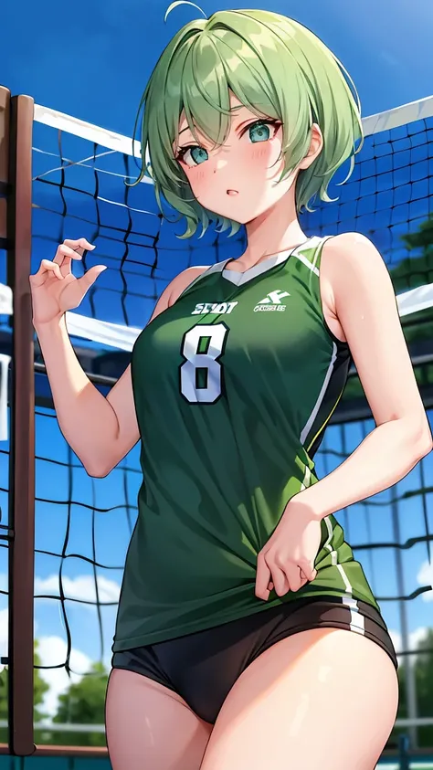 Girl with short green hair, Small size breasts,、Green Eyes, 、,Full body photo from head to toe、Volleyball Player、Volleyball Uniforms、、Uplifting、、、Hit the serve