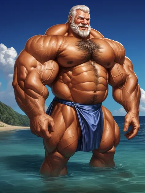 huge muscular old man in beach, white and short hair, white beard, old, old man, (chest hair, pubic hair,) grandpa, half submerged, huge scar on chest:1.2, (huge muscular), detailed muscles, 8k, masterpiece:1.2, hyper realistic, white fundoshi:1.2, highly ...