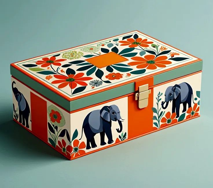 beautifully designed flat rectangular box，with handle, with carrying handle, imperial grid, blooming flowers, printing a lovely ...