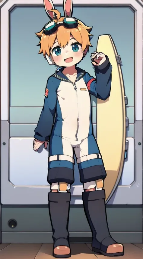 2D Boy Shota，One-piece mountaineering suit，Slim, healthy body，Put the headphones on your head，stand up，goggles，Rabbit ears，happy，Sailor collar，tie，Zipper pulled down，boots