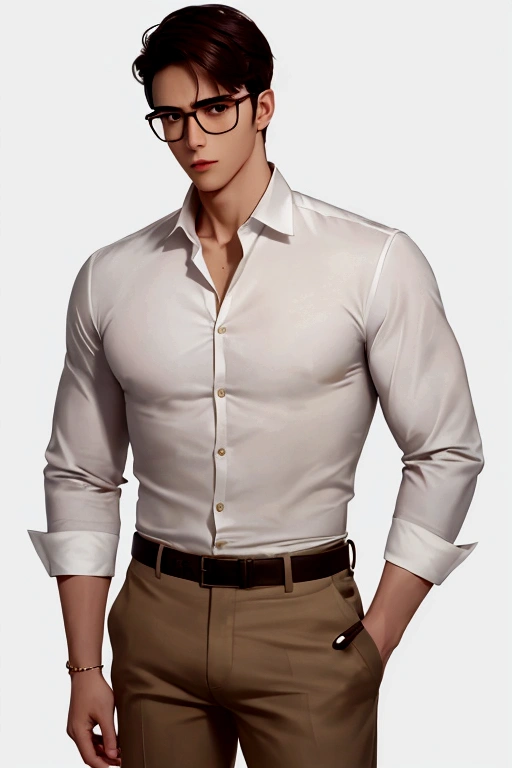 A man wearing white shirt and khaki color pants with dark hair, deep brown eyes, and sharp cheekbones with square jaws. Hes handsome, and wears glasses