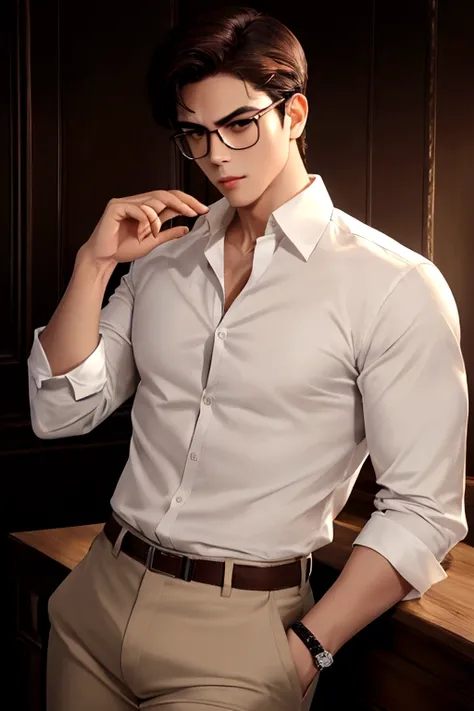 A man wearing white shirt and khaki color pants with dark hair, deep brown eyes, and sharp cheekbones with square jaws. Hes handsome, and wears glasses