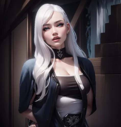 AVATAR SECOND LIFE Korean girl jacket , asiática White hair, White hair, White hair, Perfect and detailed face, imvu, maximalist details, AVATAR SECOND LIFE Korean blouse and pants , neon, White hair, jeans