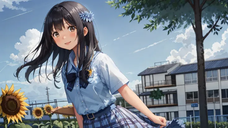 The background is a midsummer blue sky, cumulonimbus clouds and sunflowers.、In a large schoolyard, a high school girl is standing in a summer uniform with a checked skirt, looking up at the sky with a cute pose and a refreshing smile that exudes the atmosp...