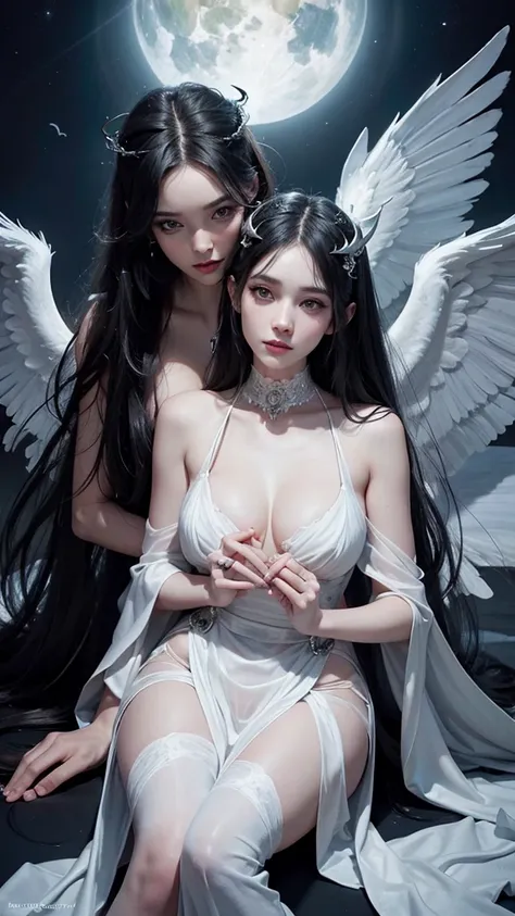 photorealistic, Image from a DSLR camera, Highest quality, Two women in white and black dresses stand side by side., They have beautiful faces., beautiful face, Beautiful Gemini, both good and evil., Eros and Thanatos, 2 angel, angel, angelกับปีศาจ, Darius...