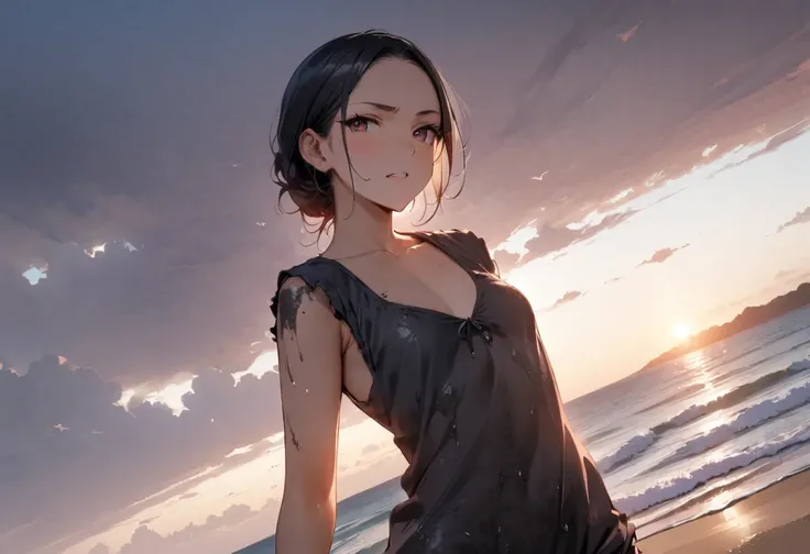 looking back at viewer、tideland、Covered in mud、Tiny thimps、Thighs、Girl、Girl、Younger、Baby Face、flat chest、forehead、Butt、Dynamic Angle、Seaside、Sandy Beach、Glaring、sunlight、Both eyes open、Sun hat、masterpiece、best quality、ultra-detail
