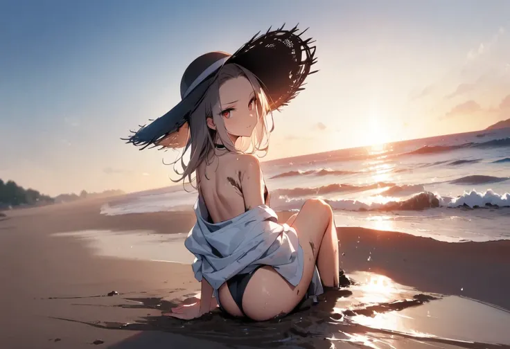 looking back at viewer、tideland、Covered in mud、Tiny thimps、Thighs、Girl、Girl、Younger、Baby Face、flat chest、forehead、Butt、Dynamic Angle、Seaside、Sandy Beach、Glaring、sunlight、Both eyes open、Sun hat、masterpiece、best quality、ultra-detail
