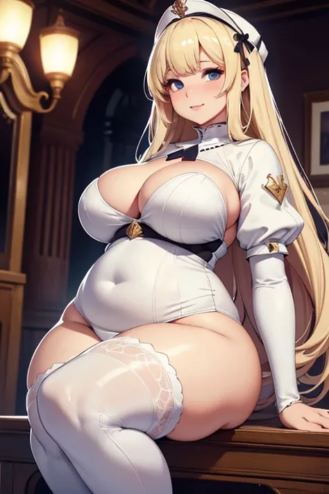 (Best quality), (detailed), (high res, 4k), chubby knight lady, white clothing, fair appearance, blonde long hair, cute face, big ass, wide hips, small belly, looking at viewer, sexy face, sexy pose, (19th cnetury britain), moaning, slightly chubby