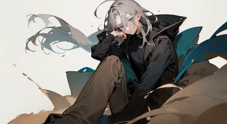 Boy1 oil painting, Short gray hair, bangs on the forehead, eyes behind the bangs, Blue eyes, Wearing a dark brown coat, wearing a black shirt with a long collar covering the neck (blank white background) Half body character image (sitting pose, eyes lookin...