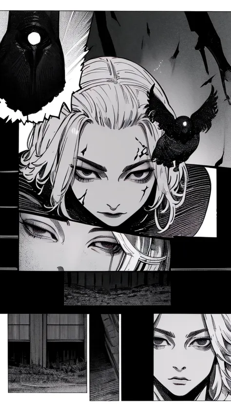 Best quality)), ((masterpiece)), (detailed: 1.4) , glowing red eyes, dark background, dark environment, scary, japanese horror inspired, wide eyes, full body, dark empty eyes , manga Style , black and white style