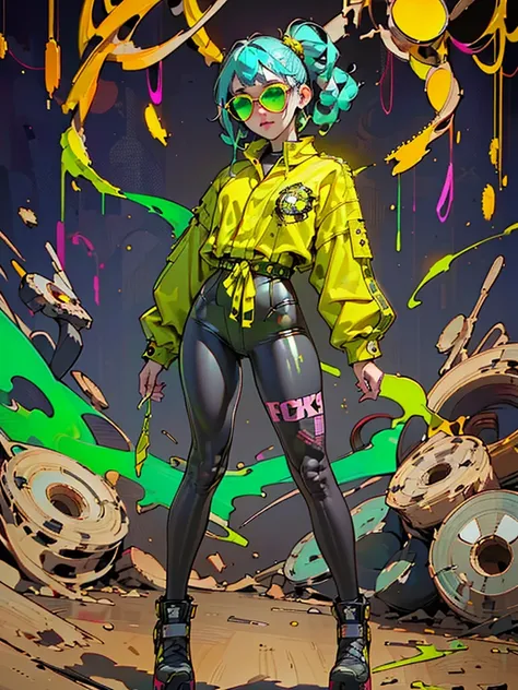 Black workwear jumpsuit、Costume with glowing yellow-green linesを着た女性, cyber punk, Punk Rock, Mosh Pit, (Highest quality,4K,8K,High resolution,masterpiece:1.2),Live Stage、Costume with glowing yellow-green lines、Large sunglasses,Punkish hairstyle、Full body p...