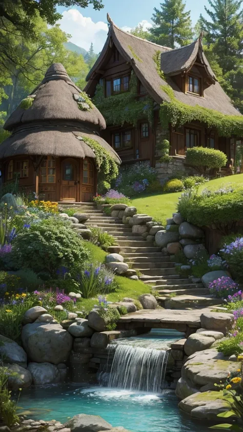 (masterpiece,Highest quality:8K) Close-up of a house with a garden and stone walkways, Cottagecore!!, Cottagecore, Beautiful Home, fantasy house, Cottagecore hippie, 森の小道にあるBeautiful Home, Dreamy details, In the House of the Hobbit, Fantasy Setting, Fantas...