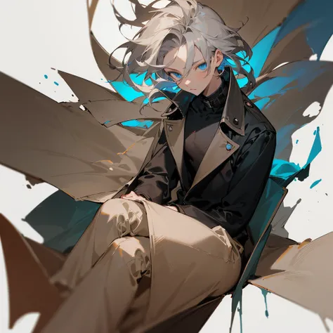 Boy1 oil painting, Short gray hair, bangs on the forehead, eyes behind the bangs, Blue eyes, Wearing a dark brown coat, wearing a black shirt with a long collar covering the neck (blank white background) Half body character image (sitting pose, eyes lookin...