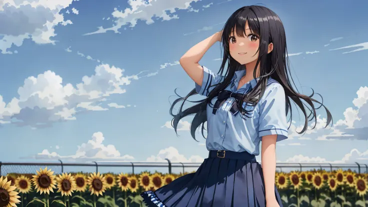 The background is a midsummer blue sky, cumulonimbus clouds and sunflowers.、In a large schoolyard, a high school girl is standing in a summer uniform with a checked skirt, looking up at the sky with a cute pose and a refreshing smile that exudes the atmosp...