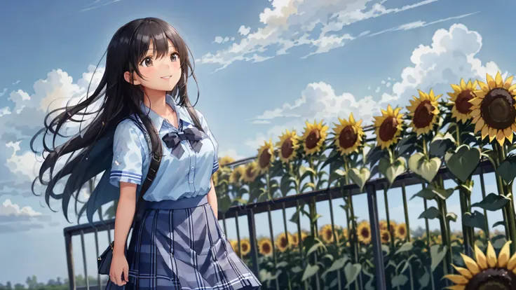 The background is a midsummer blue sky, cumulonimbus clouds and sunflowers.、In a large schoolyard, a high school girl is standing in a summer uniform with a checked skirt, looking up at the sky with a cute pose and a refreshing smile that exudes the atmosp...