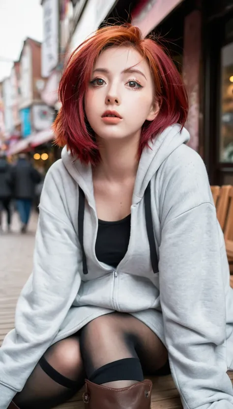 1 girl, Red hair, Coiled hairstyle, Wisps of hair on the face, Red Eyes, mascara, Oversized Hoodie, diaphragm, Hot Pants, Tights, laced Tights, Eye bags, sit, cafes, Ground angle shot, The audience looks up, feet in Tights,  Sagging breasts, Shock, Origina...