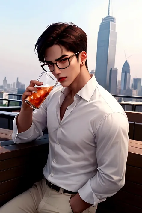 A man wearing white shirt and khaki color pants with dark hair, deep brown eyes, and sharp cheekbones with square jaws, drinking vodka in rooftop bar. Hes handsome, and wears glasses