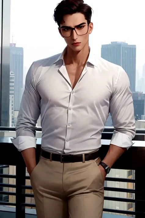 A man wearing white shirt and khaki color pants with dark hair, deep brown eyes, and sharp cheekbones with square jaws, drinking vodka in rooftop bar. Hes handsome, and wears glasses