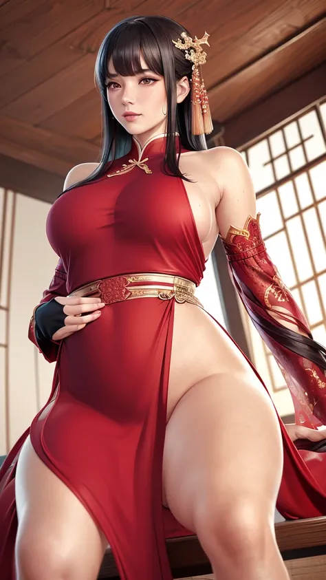 （（Perfect pictures,pictures,red Hanfu,Winter hanfu,Nude,red background,dragon,(wet pussy:1.2),Hanfu,Dragon and girl,dragon hood,（（（ailisha,Brown pupils, 1 girl,  独奏, long black hair, Open bangs ）））,（（wide hips）））,S-type image: 1.7）））,((masterpiece)), high ...