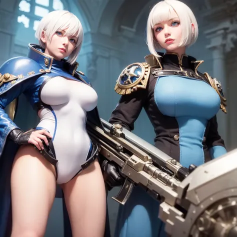 Warhammer 40k,girl,short white hair,blue eyes,beautiful,bimbo glossy lips, battle,big gun 