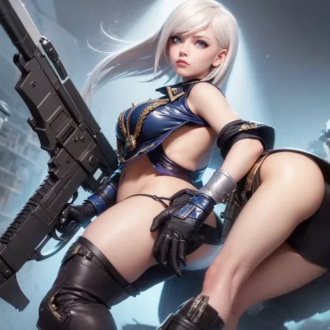 Warhammer 40k,girl,short white hair,blue eyes,beautiful,bimbo glossy lips, battle,big gun 