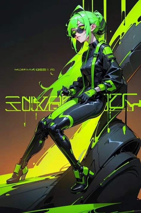 Black workwear jumpsuit、Costume with glowing yellow-green linesを着た女性, cyber punk, Hard Rock Metal, Mosh Pit, (Highest quality,4K,8K,High resolution,masterpiece:1.2),Live Stage、Costume with glowing yellow-green lines、Large sunglasses,Punkish hairstyle、Full ...