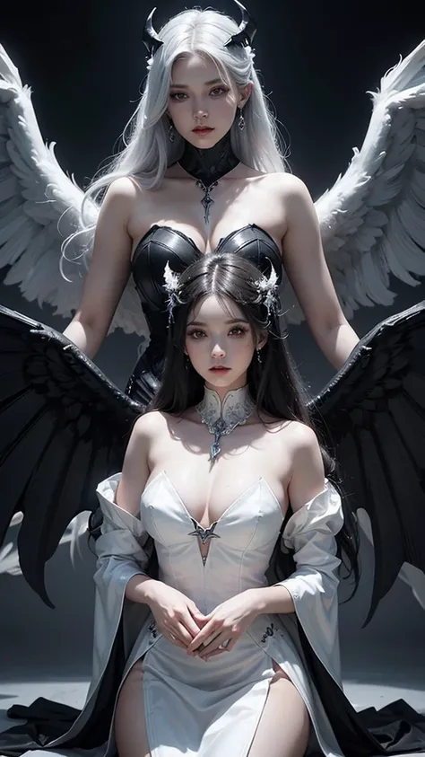 photorealistic, Image from a DSLR camera, Highest quality, Two women in white and black dresses stand side by side., They have beautiful faces., beautiful face, Beautiful Gemini, both good and evil., Eros and Thanatos, 2 angel, angel, angelกับปีศาจ, Darius...